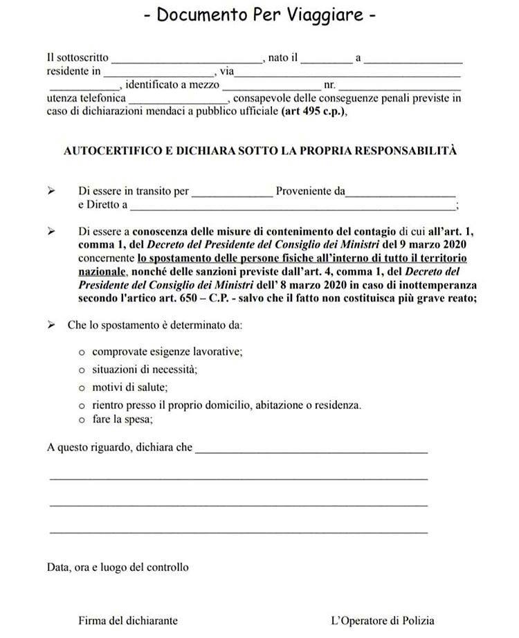 Autocertificazione Coronavirus