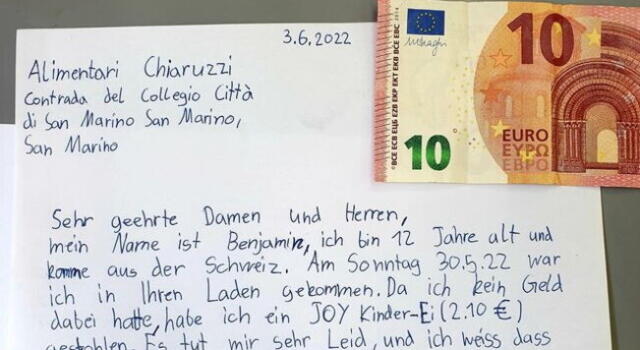 Bambino 12enne ruba cioccolato in un negozio a San Marino, torna a casa e invia una busta con 10 euro al commerciante: “Spero mi possiate perdonare”
